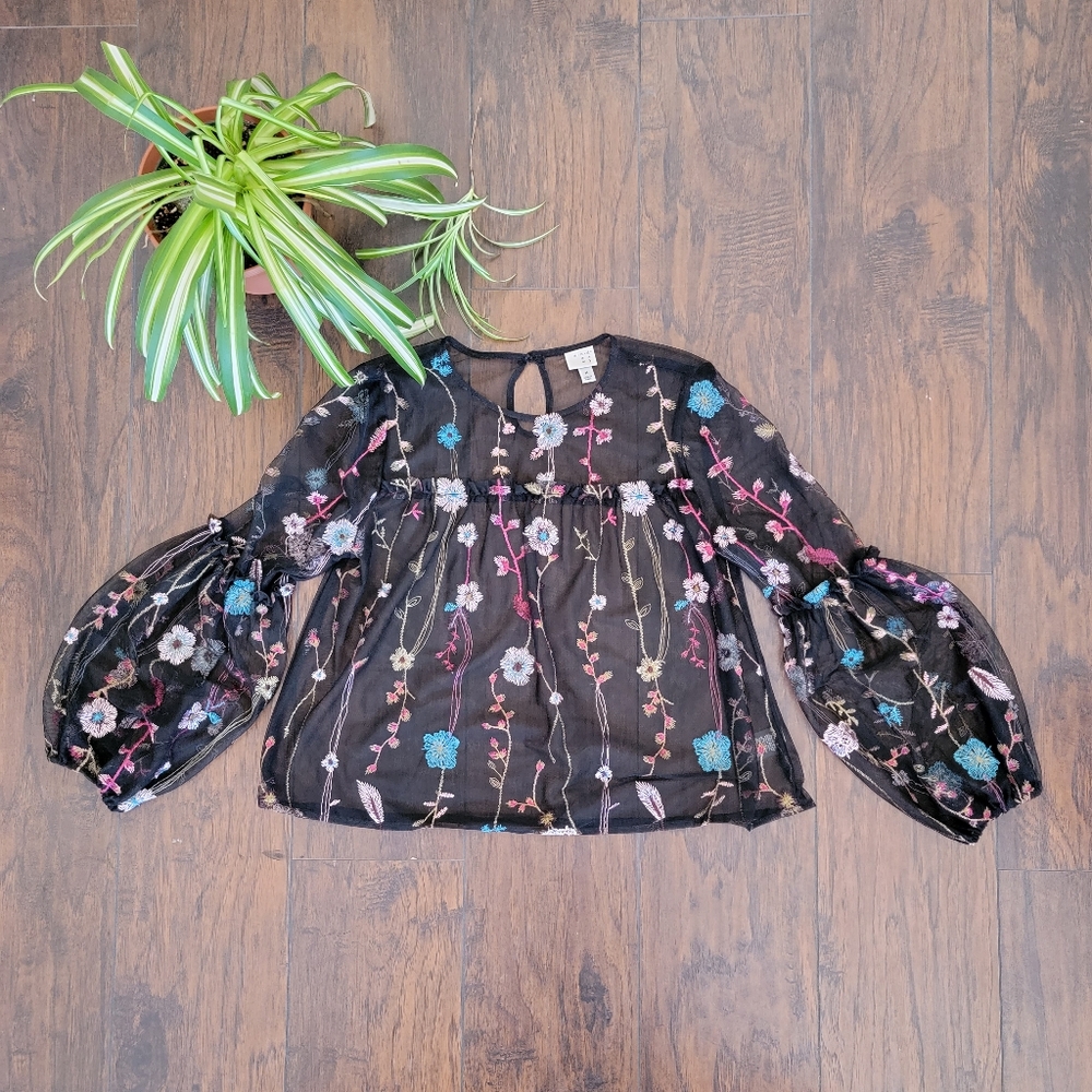 Embroidered Floral Mesh Blouse with Bell Sleeves